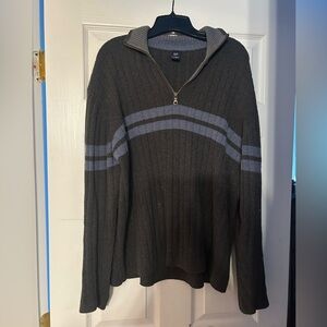 GAP Men's Charcoal Grey Quarter-Zip Sweater Pullover with Blue Stripes